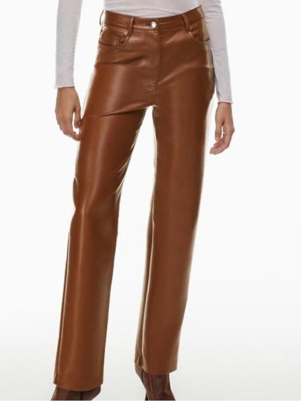 WILFRED ARITZIA Brown Faux-Leather Straight-Leg Trousers